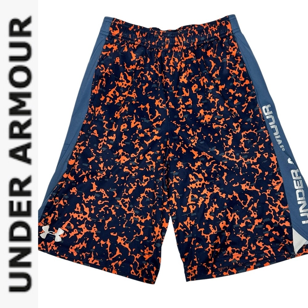 Boys Under Armour Gym/Basketball Shorts Patterned Orange/Gray L